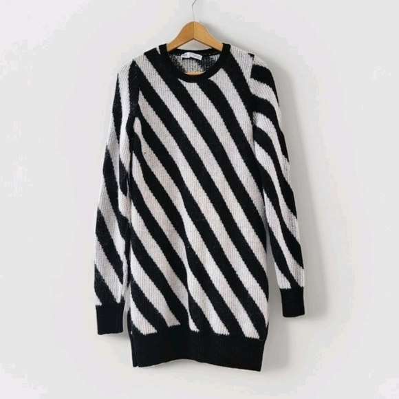 Zara Black Sweater Size Small Black White Diagonal Striped Longline Dress Wool - Picture 1 of 15